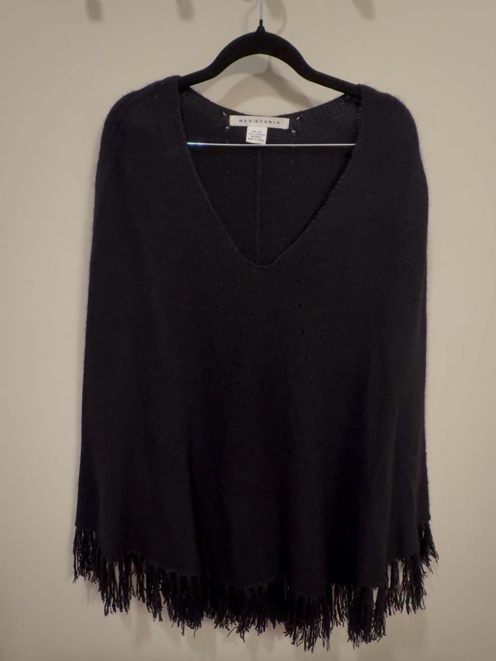 Cashmere Black V-Neck Fringe Hem Sweater Poncho